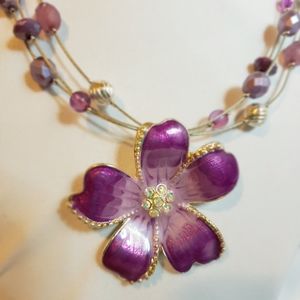 Magenta Enamel Flower Pendant Beaded Necklace